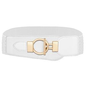 2762 White Stretch Waist Belt For Women Fashion, Gold Buckle Wide Belts